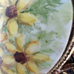 Vintage Hand Painted Porcelain Flower Brooch Pendant Gold Tone Filigree Oval