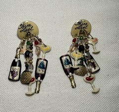 Lunch At The Ritz Wine List Earrings Crystal Enamel Dangle Pierced Ears