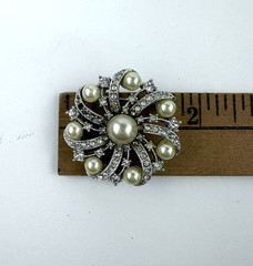 VTG Swirl Style Brooch/Pin Faux Pearl & Rhinestone Platinum Look 1-3/4″ Diameter