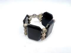 Vintage Chunky Black Stone Gemstone Silver Bead Wide Bracelet RO-DO NOS Saks