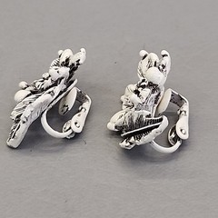 Vintage Clamper Bracelet Clip On Earrings Set White Enamel Black Washed Flowers