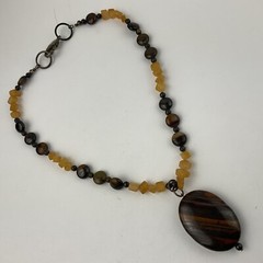 Vtg Genuine Brown Gold Tiger Iron Pendant Yellow Citrine Beaded Necklace Sz 17″