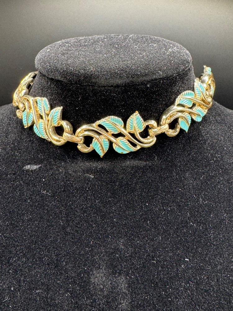 Vintage Gold Tone Blue Enamel Leaf Necklace Adjustable Bead Dangle Choker
