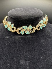 Vintage Gold Tone Blue Enamel Leaf Necklace Adjustable Bead Dangle Choker