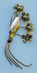 Vintage Floral Spray Brooch Pin Copper Brass Tone Faux Pearl Mid-Century Style