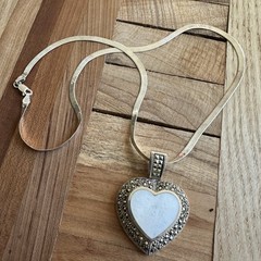 VTG Pendant Necklace 19 Inch Heart Love MOP Marcasite Italy 925 Sterling 19.9g
