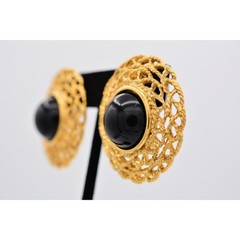 Vintage Black Cabochon Clip On Earrings Gold Tone Chunky 1990s Statement NOS W1
