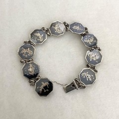VTG Siam Sterling Silver 925 Niello Black Enamel Panel Bracelet 6.75″