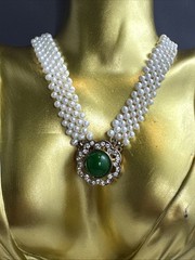 18 Inch Vintage Green Glass Genuine Pearl Necklace