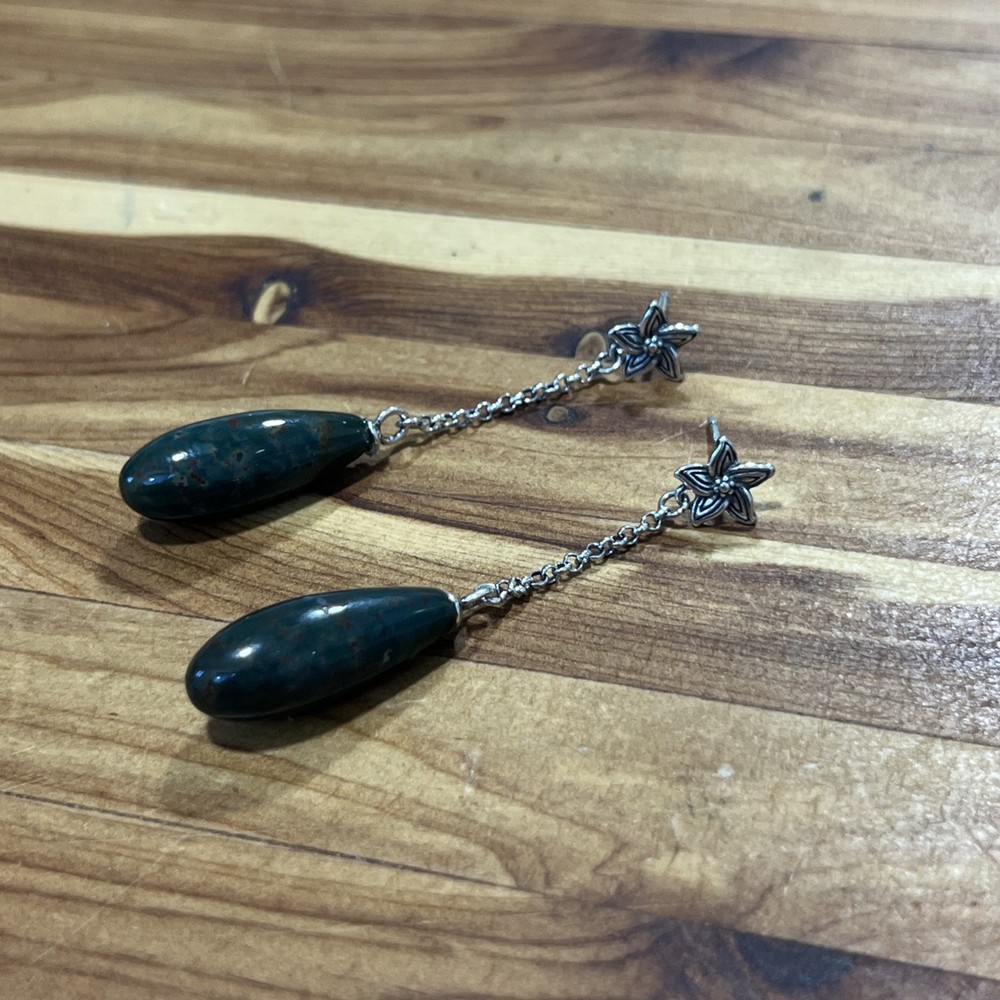 925 Sterling Silver Modern Boho Bloodstone Gem Stone Drop Dangle Earrings