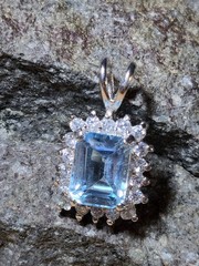 VINTAGE SKY BLUE TOPAZ EMERALD CUT STERLING SILVER 925 PENDANT W/ CZ ACCENTS