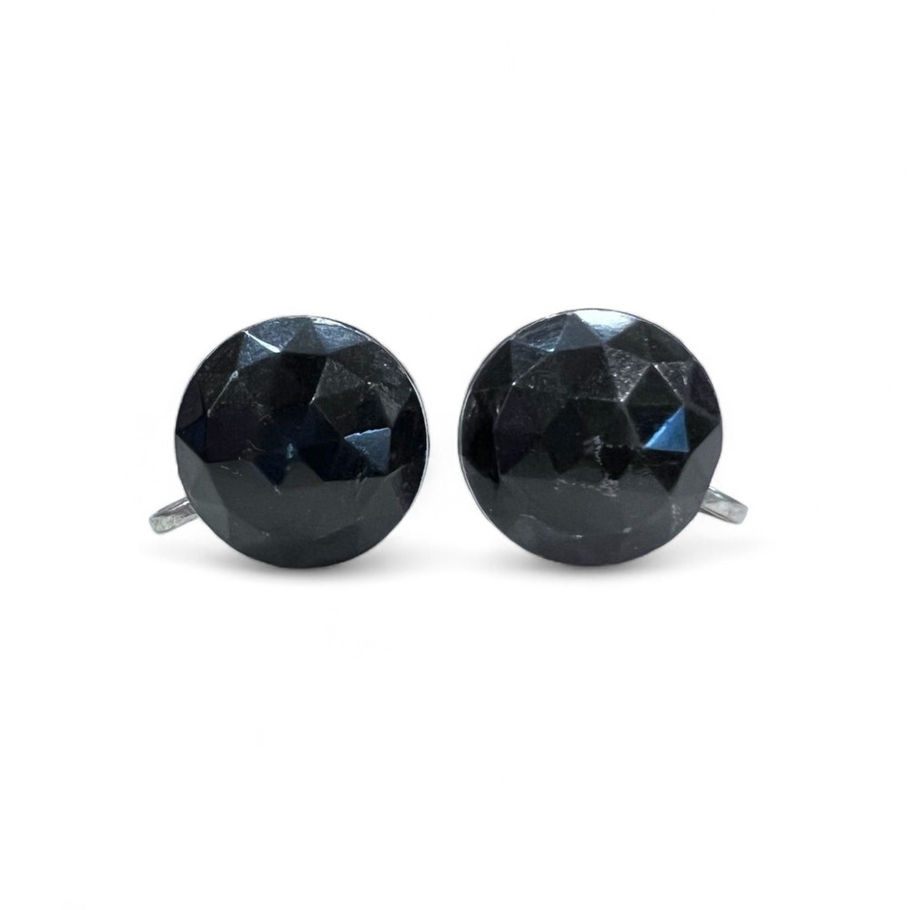 Vintage Jet Black Faceted Button Earrings Screw Back, 0.5″ Resin