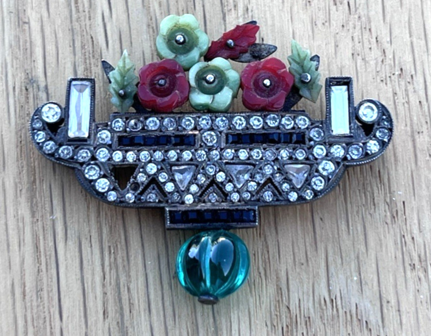 Antique French Art Deco Sterling Giardinetto Carved Flower Basket Brooch Pin