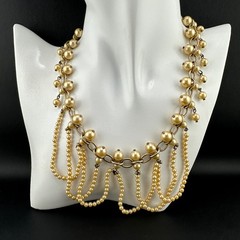Vintage Faux Pearl Fringe Chain Necklace Gold Tone Beaded Dangle Charm Old Clasp