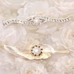 Vintage Brooch Pair Faux Pearl Pin Gold Tone Silver Tone Leaf Marcasite 2.5 in
