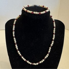 Vintage Rice Pearls & Almandine Garnet Gemstones Beaded Necklace & Bracelet Set