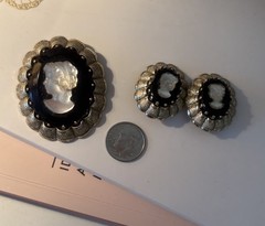 Vintage West Germany Black Glass Cameo Brooch & Clip-On Earrings Jewelry Set