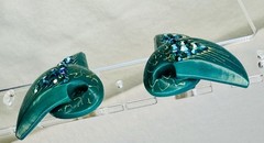 Vintage Carved Mermaid/Fishtails Earrings. Art Deco Rhinestone Accent. Clip On