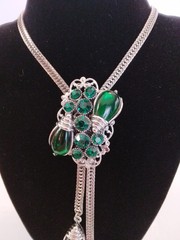 Selro Lariat Necklace Emerald Green Lucite Pendants Czech Glass Rhinestone 1960s