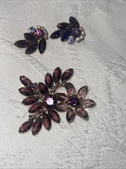 Purple Lavender Prong &cup Set Navette Rhinestone Brooch&ears 3”x3” & 1”x1.25”