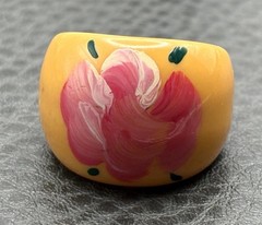 Vintage Bakelite Dome Ring Hand Painted Pink Flower Yellow Cream Statement 5.5