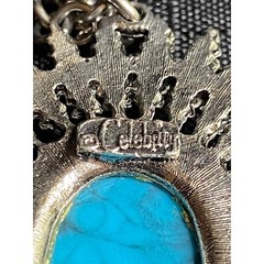 Vintage Signed Celebrity Silver Tone Faux Turquoise Starburst Pendant Necklace