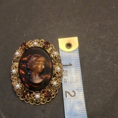 Vintage West Germany Topaz Rhinestone Cameo Filigree Pin Brooch