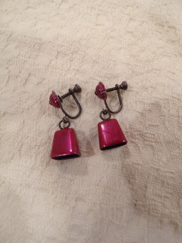 Vintage Sterling Silver Red Enameled Clip-On Working COWBELLS Cow Bell Earrings