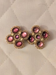 Vintage Purple Glass Round & Oval Cabochons Gold Toned Pierced Post Earrings