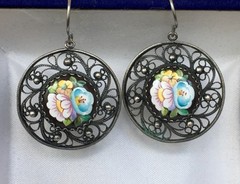 Vintage Painted Enameled Earring Soviet Cupronickel Finift Hand Wrought Filigree