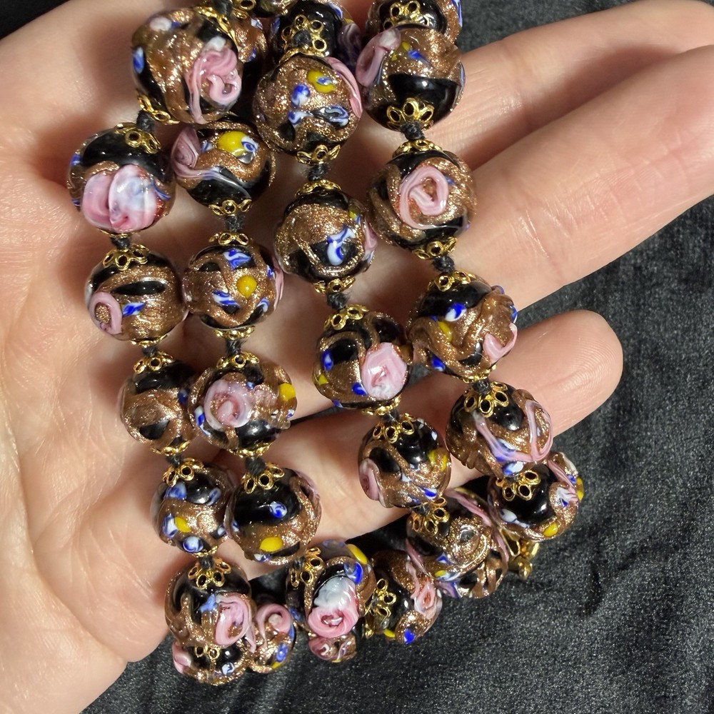 Vintage Knotted Wedding Cake Glass Bead Necklace Pink Black Gold Sparkle 23 Inch