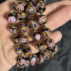 Vintage Knotted Wedding Cake Glass Bead Necklace Pink Black Gold Sparkle 23 Inch