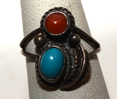 Vtg Southwestern Turquoise Engraved Leaf Sterling Silver Ring 2.6 Gram Size 4.25