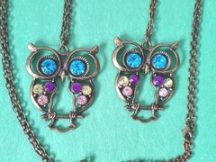 Pair of OWL Pendants W/Colorful Rhinestones Necklaces In Bronze Tone