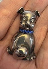 Adorable Vintage Bulldog Pug Puppy Dog Brooch Blue Rhinestone Collar signed LJ