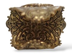 Vintage Large Statement Ring Brass Filigree Setting Blue Peking Glass Adjustable