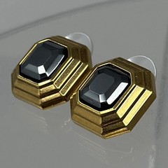 Vintage Lanvin Germany Gold Tone Octagon Hematite Art Deco Style Stud Earrings