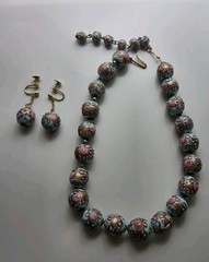 3 pc Set Necklace Earrings Vtg Italy Wedding Cake Beads Glass Blue Gold Pink