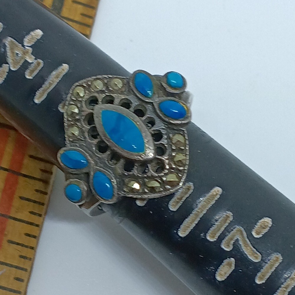Vintage Sterling Silver Marcasite Turquoise Ring Size 5.50 4.5g