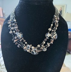 Vintage Dichroic Glass, Faux Pearls, Shell Nuggets 4 Strand Layered Necklace