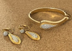 Hattie Carnegie Gold Tone Pave Rhinestone Hinged Bracelet + Clip On Earrings VTG