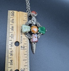 VTG Celtic Scottish Cross Pendant Necklace Multicolor Glass Stones 22″ inch