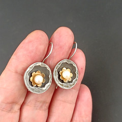 Modernist Pearl Earrings Handmade Silver Gold Israeli Artist Studio VTG Jewelry