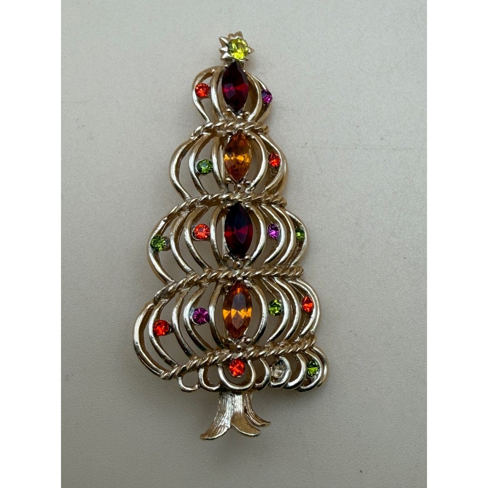 Vintage Hedy Christmas Tree Brooch Gold Tone Multi Color Rhinestone Pin 2.5″