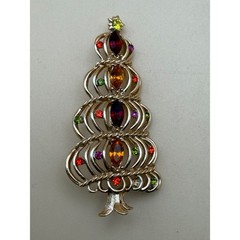 Vintage Hedy Christmas Tree Brooch Gold Tone Multi Color Rhinestone Pin 2.5″