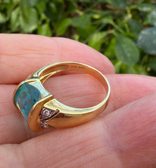 VINTAGE 14K YELLOW GOLD CHECKERBOARD PRISM CUT BLUE TOPAZ DIAMONDS RING DESIGNER