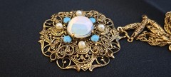 Vintage W. Germany? Gold Filigree Opaline Cabochon & Accented Pendant Necklace