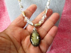 Glass Shell & Acrylic Bead Pendant Necklace 23″ / Neutral Tones & Clear / F