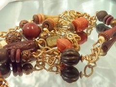 Vintage 80’s Lucite Fall Hues Ornate Detailed Wooden Beaded Necklace 595n2