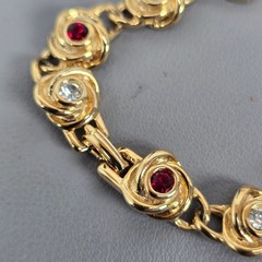 Vintage Gold-Tone Floral Bracelet W/ Whiter/Red Austrian Crystals & Original Box
